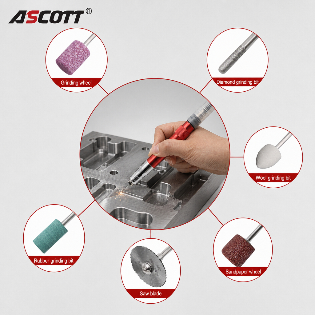 ASCOTT Micro Pencil Die Grinder High Speed Air Polisher Engraving Machine Professional Pneumatic Wind Grinder Grinding Tool