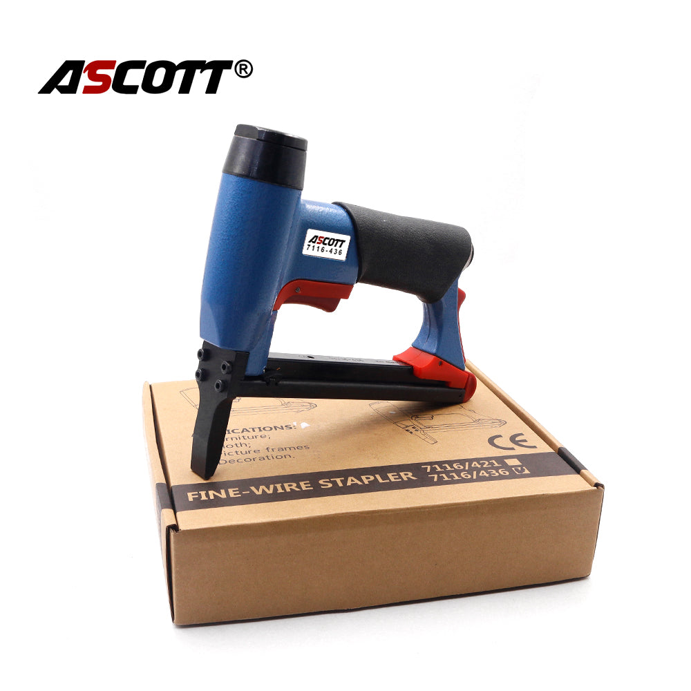 ASCOTT 7116-436 Long Nose Pneumatic Fine Wire Staple Gun 22Ga 6-16mm for Securing Lightweight Materials Sofa Furniture