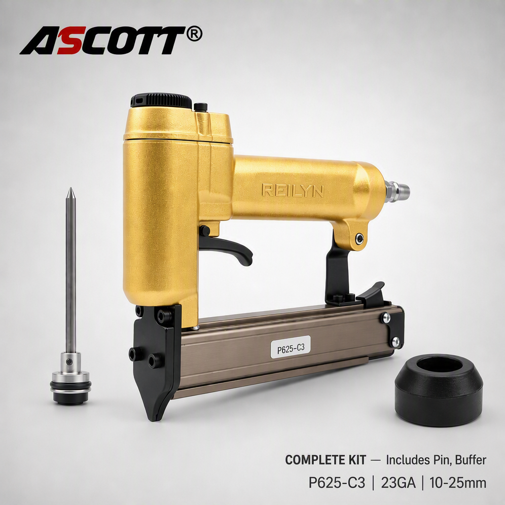 ASCOTT P625-C3 Large-ring Pneumatic Staple Gun 23GA Headless Nail Gun for Fixing Decorative Panels and Woodworking