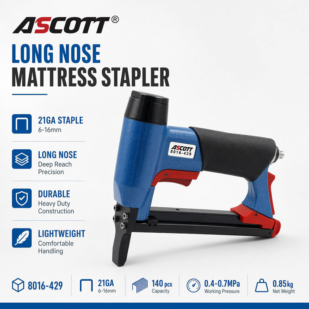 ASCOTT 8016-429 Long Nose Pneumatic Fine Wire Staple Gun 21Ga  6-16mm for  Sofa Furniture Framing Air Upholstery Nail Gun