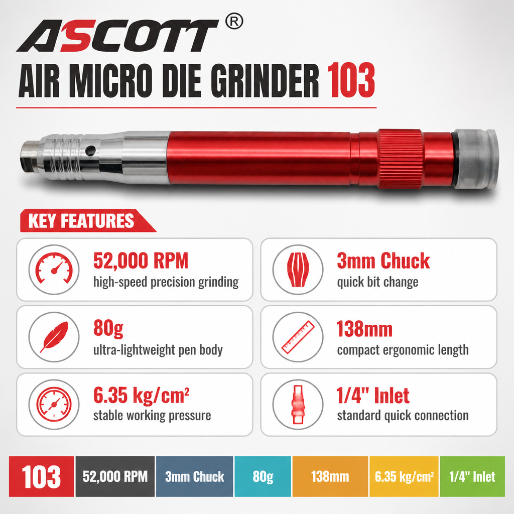 ASCOTT Micro Pencil Die Grinder High Speed Air Polisher Engraving Machine Professional Pneumatic Wind Grinder Grinding Tool