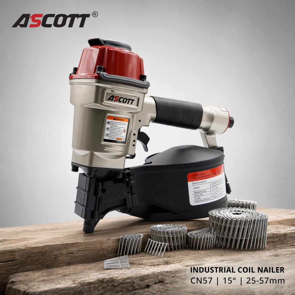ASCOTT CN57 Air Coil Nailer 25-57mm Pneumatic Nail Gun for Pallets Fencing Framing Roof Decorate Board Production Construction