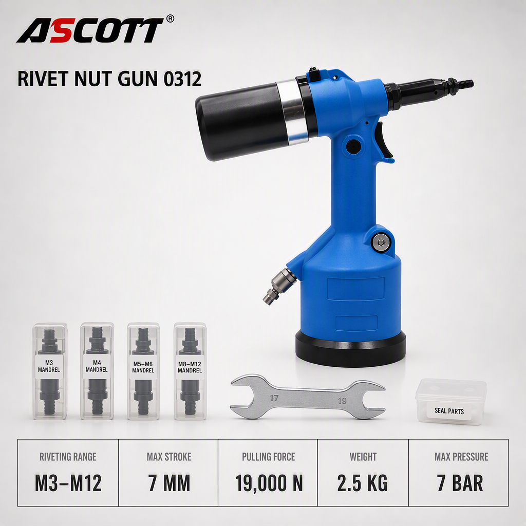 ASCOTT 0312 Pneumatic Rivet Nut Gun for Installing Rivet Nuts on Thin Sheets for Metal Reinforcement Pneumatic Tool