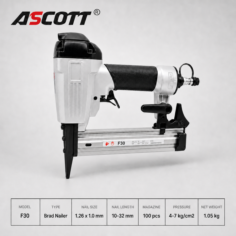 ASCOTT F30 Long Nose Pneumatic Brad Nailer 18GA Lightweight Air Nail Gun for Wood Joinery and Craft Making