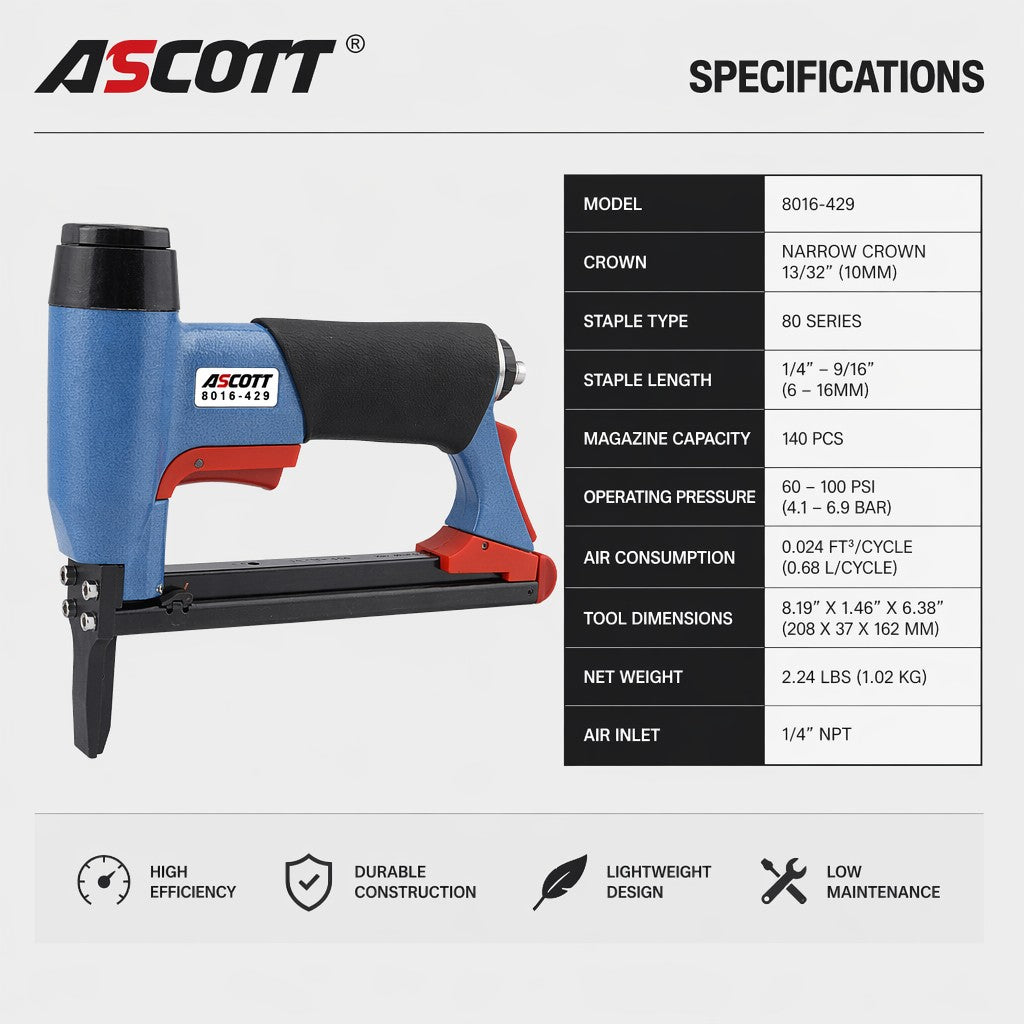 ASCOTT 8016-429 Long Nose Pneumatic Fine Wire Staple Gun 21Ga  6-16mm for  Sofa Furniture Framing Air Upholstery Nail Gun