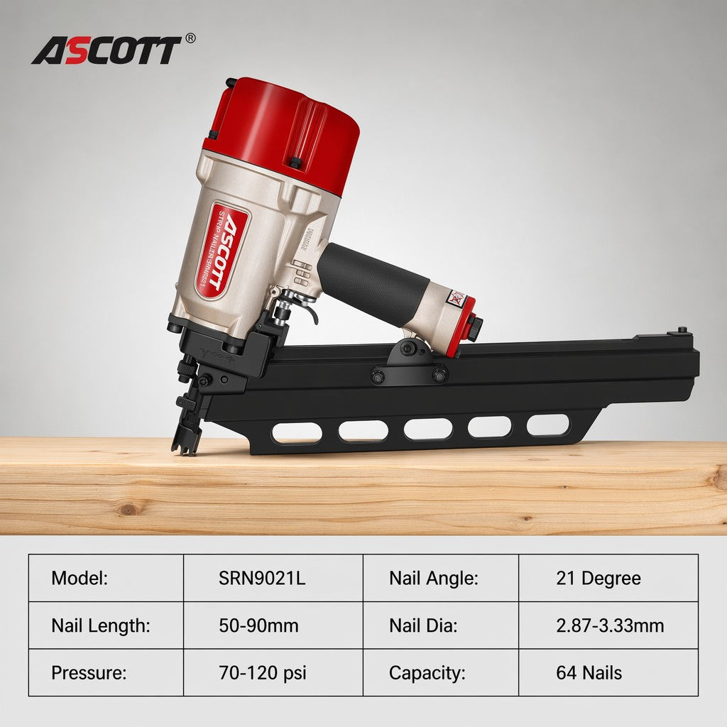 ASCOTT SRN9021 Slant Row Nail Gun 21 Degree Industrial Pneumatic Construction Grade Slant Exhaust Action Staple Gun Plastic