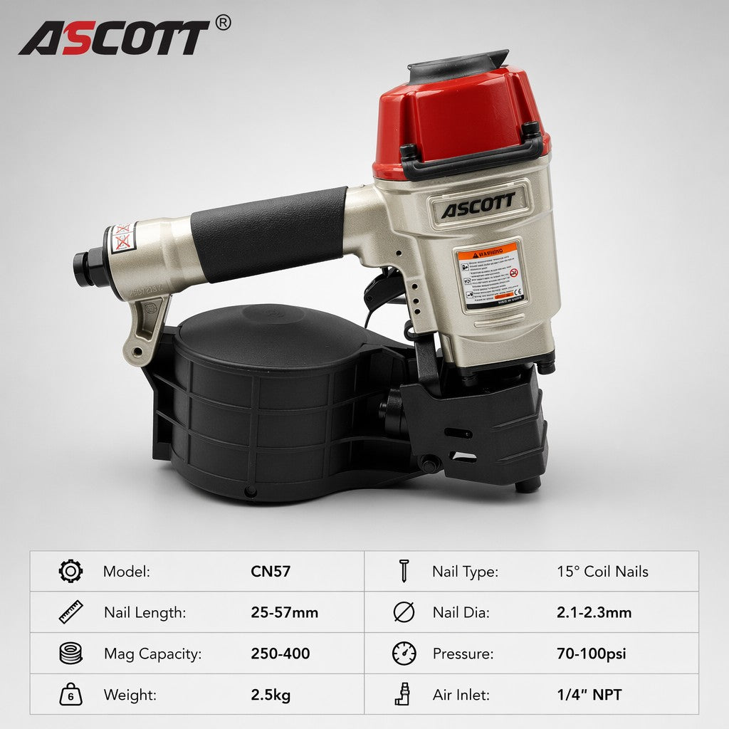 ASCOTT CN57 Air Coil Nailer 25-57mm Pneumatic Nail Gun for Pallets Fencing Framing Roof Decorate Board Production Construction