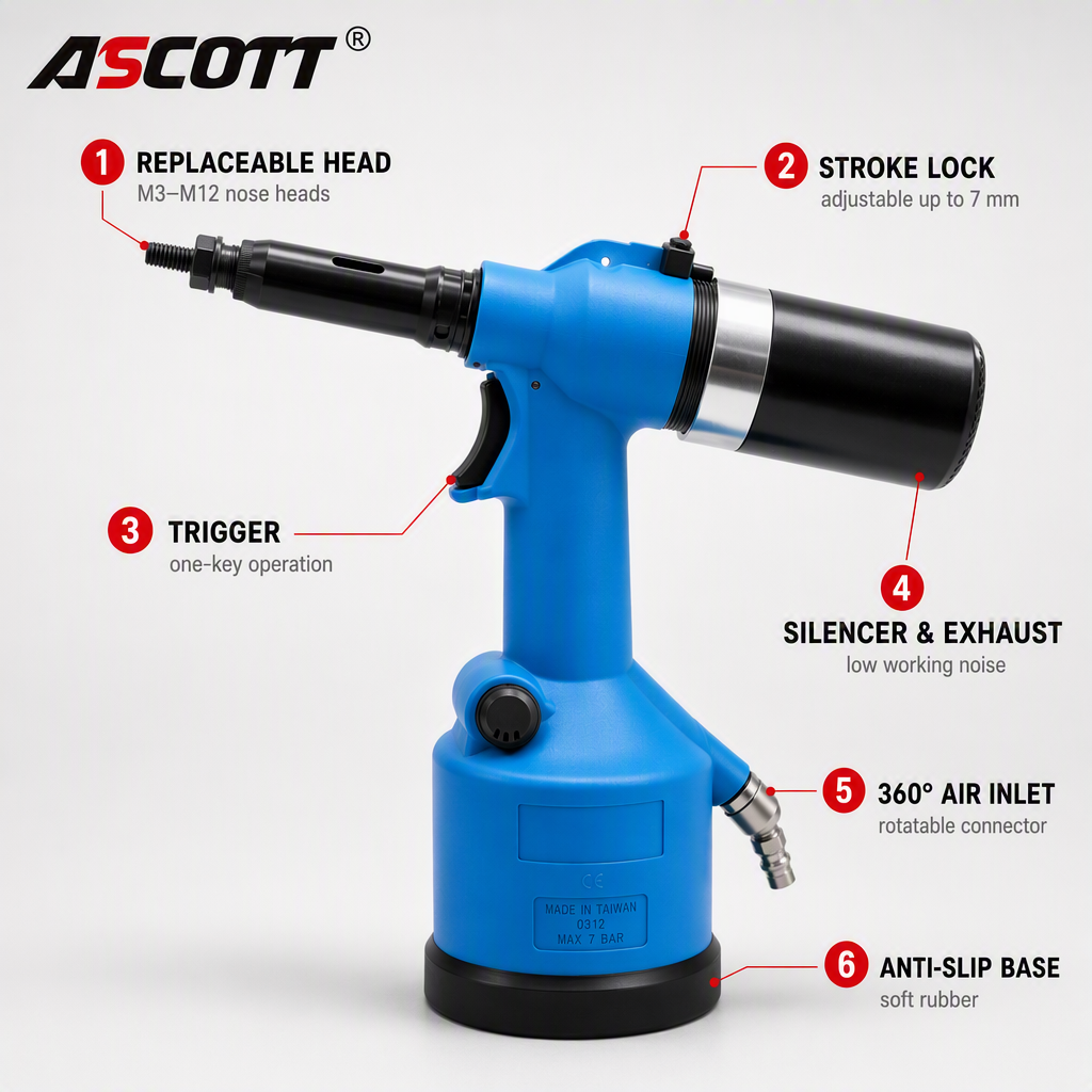 ASCOTT 0312 Pneumatic Rivet Nut Gun for Installing Rivet Nuts on Thin Sheets for Metal Reinforcement Pneumatic Tool
