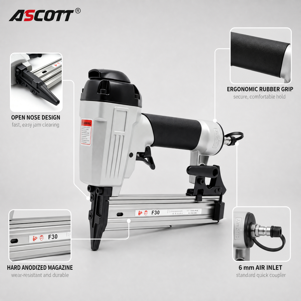 ASCOTT F30 Long Nose Pneumatic Brad Nailer 18GA Lightweight Air Nail Gun for Wood Joinery and Craft Making