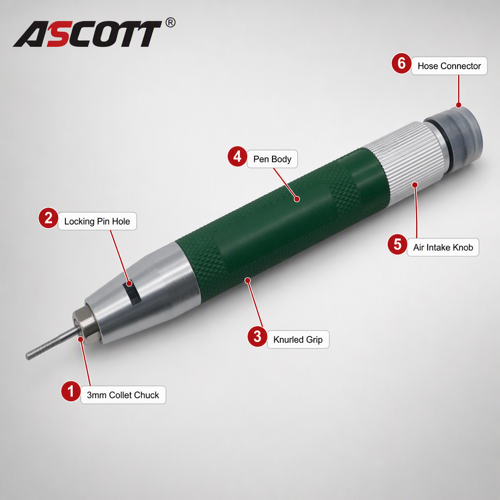 ASCOTT Micro Pencil Die Grinder High Speed Air Engraving Machine Professional Polisher Pneumatic Wind Grinder Grinding Tool
