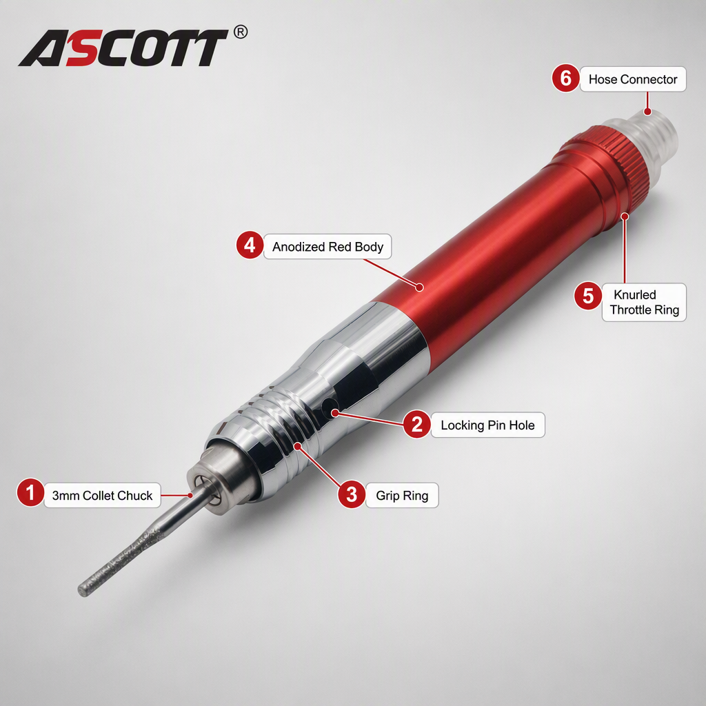 ASCOTT Micro Pencil Die Grinder High Speed Air Polisher Engraving Machine Professional Pneumatic Wind Grinder Grinding Tool
