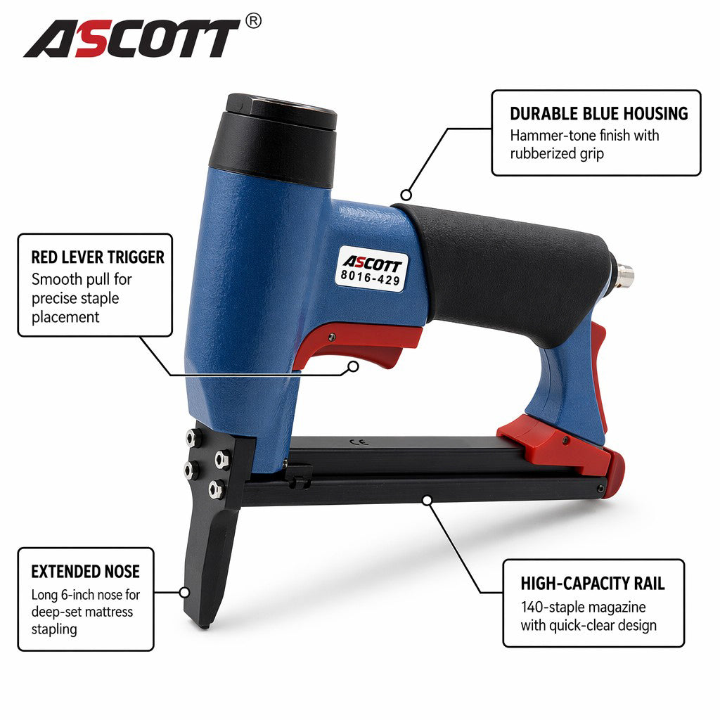 ASCOTT 8016-429 Long Nose Pneumatic Fine Wire Staple Gun 21Ga  6-16mm for  Sofa Furniture Framing Air Upholstery Nail Gun