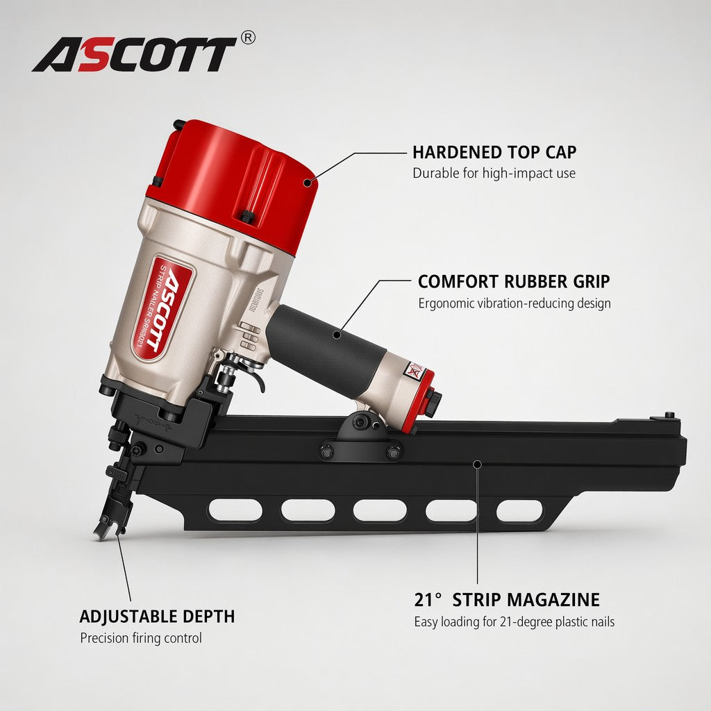 ASCOTT SRN9021 Slant Row Nail Gun 21 Degree Industrial Pneumatic Construction Grade Slant Exhaust Action Staple Gun Plastic
