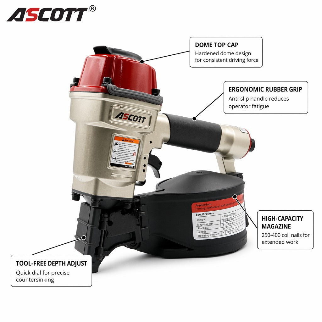 ASCOTT CN57 Air Coil Nailer 25-57mm Pneumatic Nail Gun for Pallets Fencing Framing Roof Decorate Board Production Construction