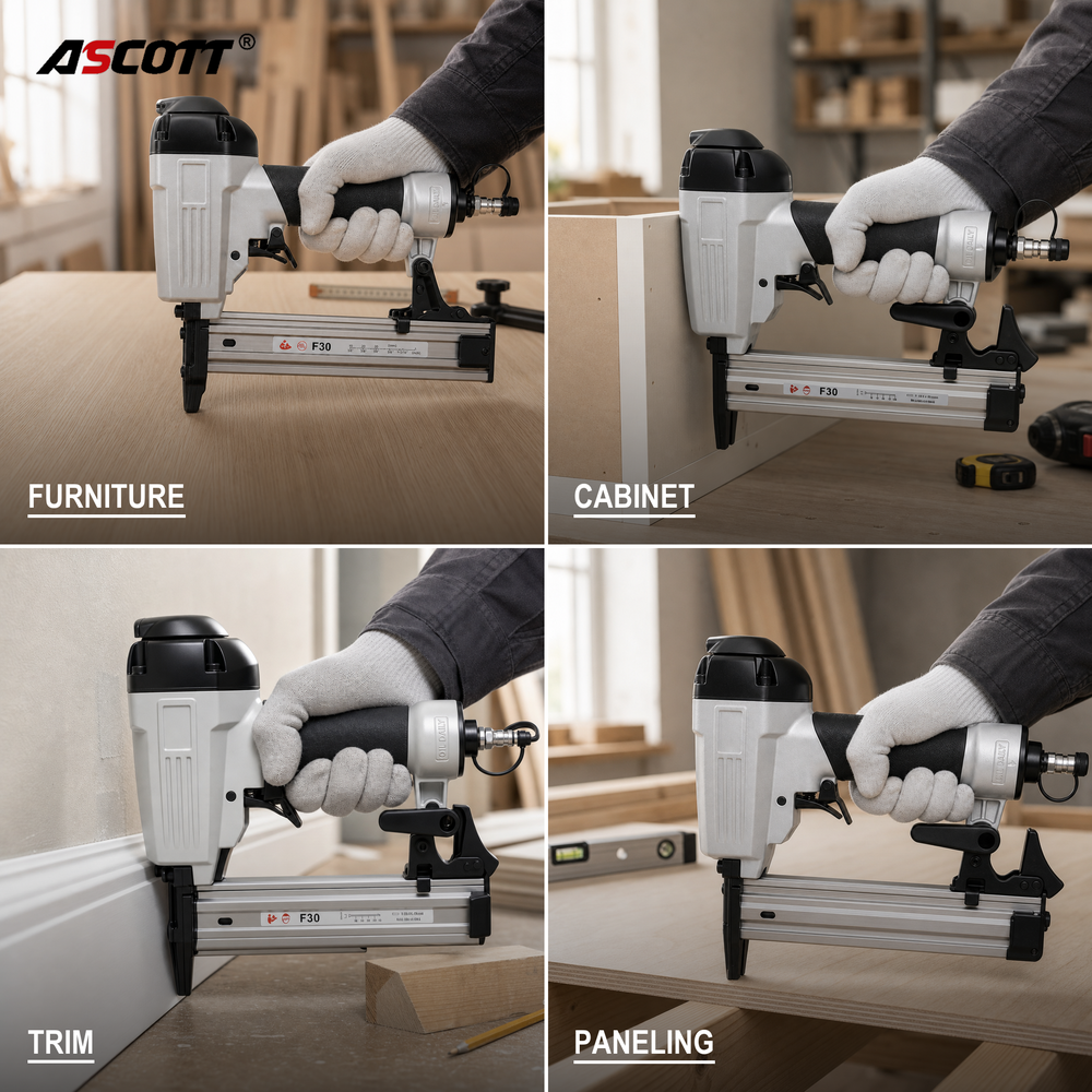 ASCOTT F30 Long Nose Pneumatic Brad Nailer 18GA Lightweight Air Nail Gun for Wood Joinery and Craft Making