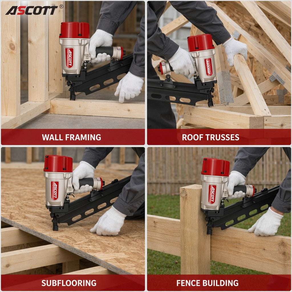 ASCOTT SRN9021 Slant Row Nail Gun 21 Degree Industrial Pneumatic Construction Grade Slant Exhaust Action Staple Gun Plastic