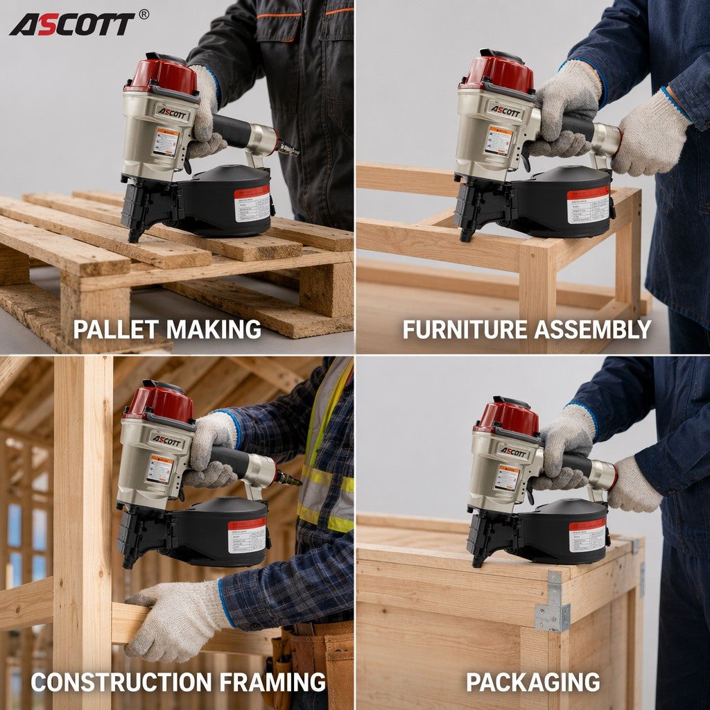 ASCOTT CN57 Air Coil Nailer 25-57mm Pneumatic Nail Gun for Pallets Fencing Framing Roof Decorate Board Production Construction