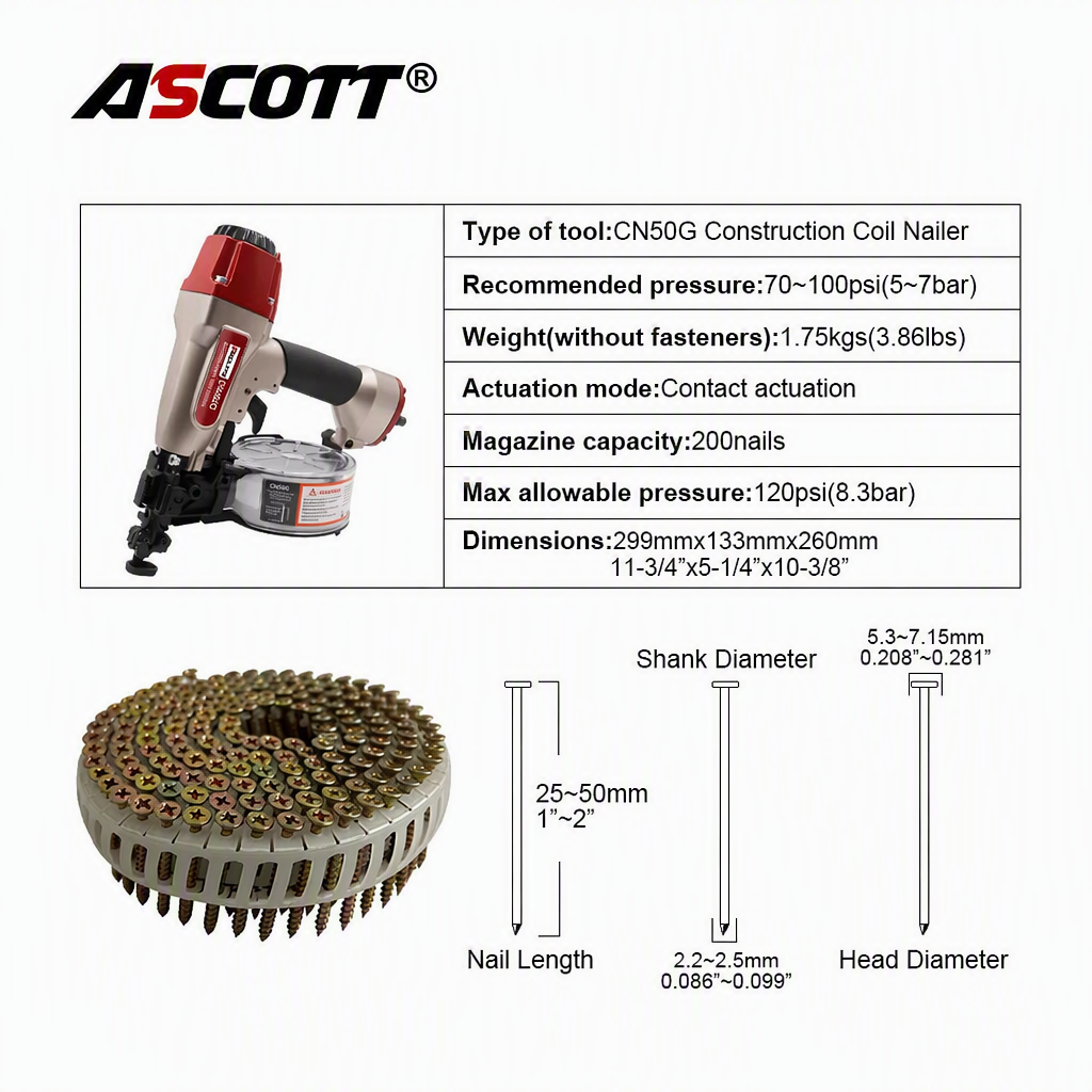 ASCOTT CN50G Construction Nail Gun Depth Adjustable Coil Nailer for Wood Board Fixing Interior Wall Panel Fixing Carpentry