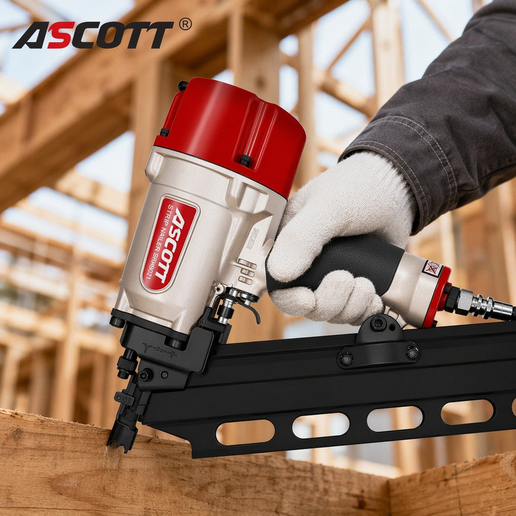 ASCOTT SRN9021 Slant Row Nail Gun 21 Degree Industrial Pneumatic Construction Grade Slant Exhaust Action Staple Gun Plastic