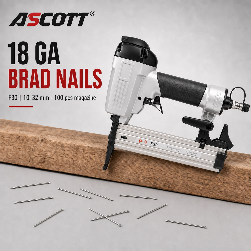 ASCOTT F30 Long Nose Pneumatic Brad Nailer 18GA Lightweight Air Nail Gun for Wood Joinery and Craft Making