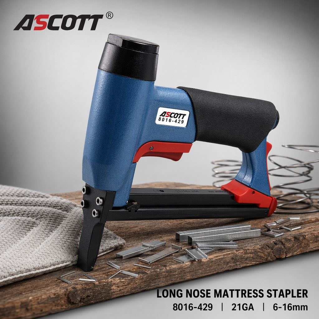 ASCOTT 8016-429 Long Nose Pneumatic Fine Wire Staple Gun 21Ga  6-16mm for  Sofa Furniture Framing Air Upholstery Nail Gun