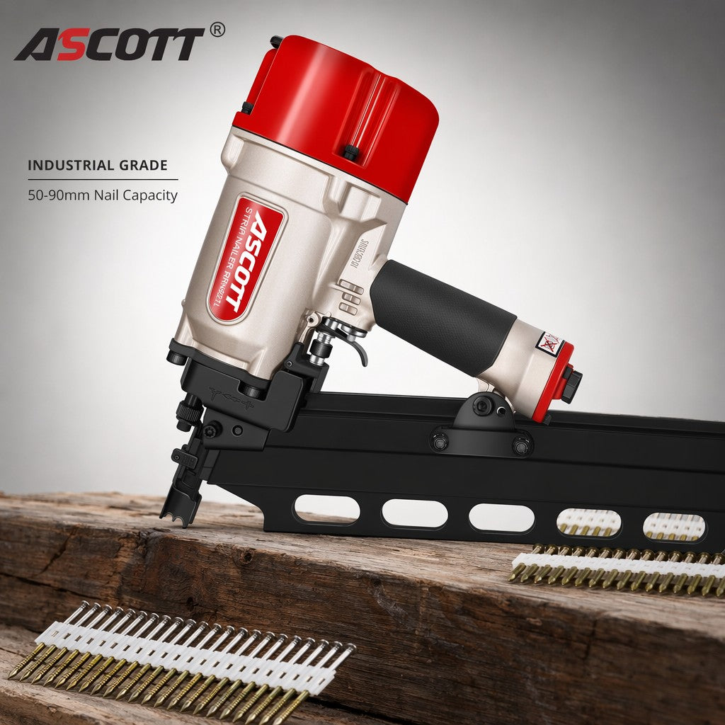 ASCOTT SRN9021 Slant Row Nail Gun 21 Degree Industrial Pneumatic Construction Grade Slant Exhaust Action Staple Gun Plastic