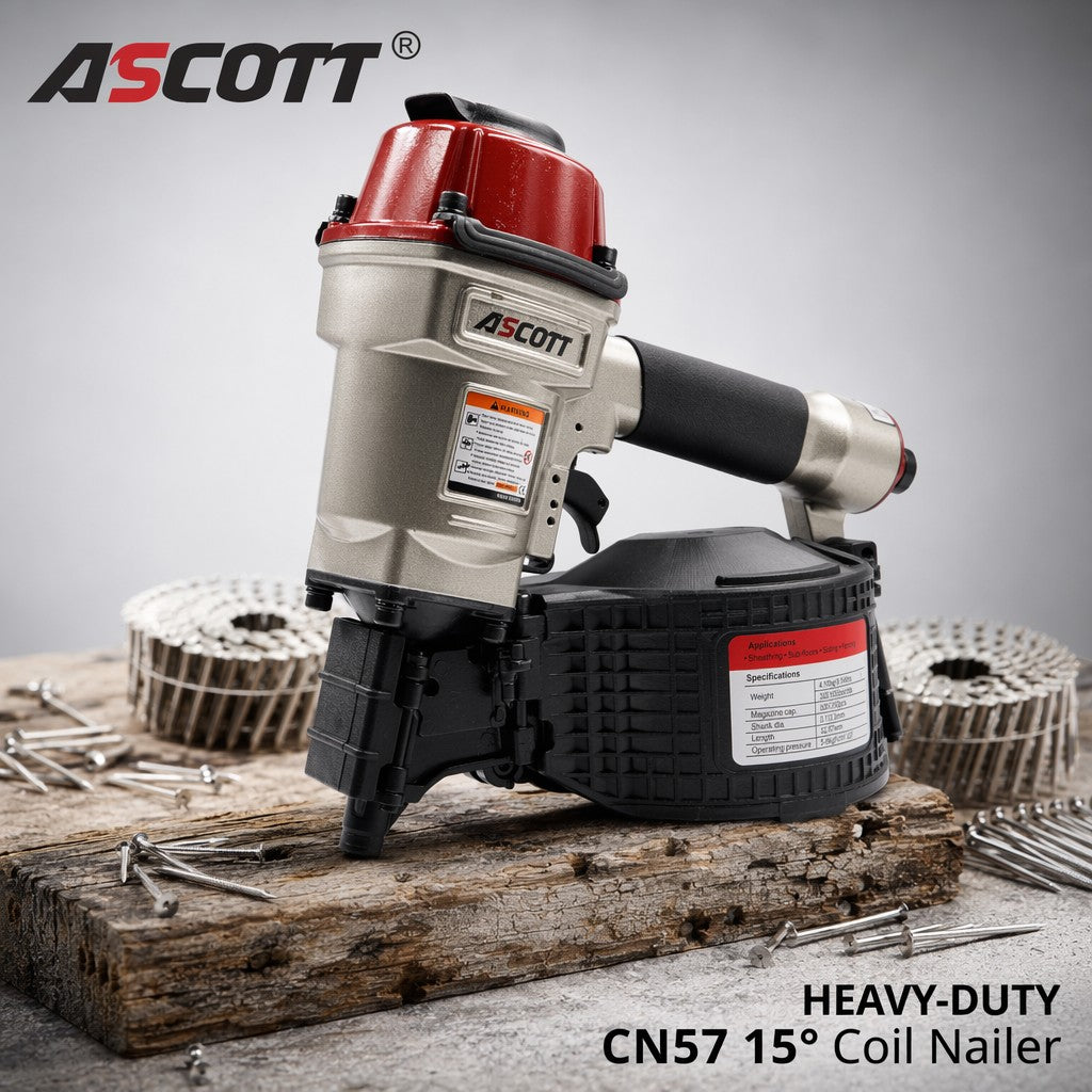 ASCOTT CN57 Air Coil Nailer 25-57mm Pneumatic Nail Gun for Pallets Fencing Framing Roof Decorate Board Production Construction
