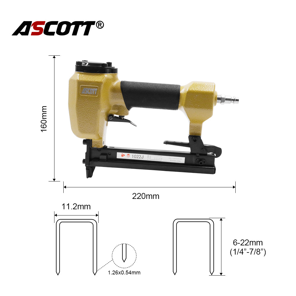ASCOTT  1022J Pneumatic Fine Brad Nailer 20Ga 6-22mm for Attaching Light Materials Upholstery And Sofa Crafting