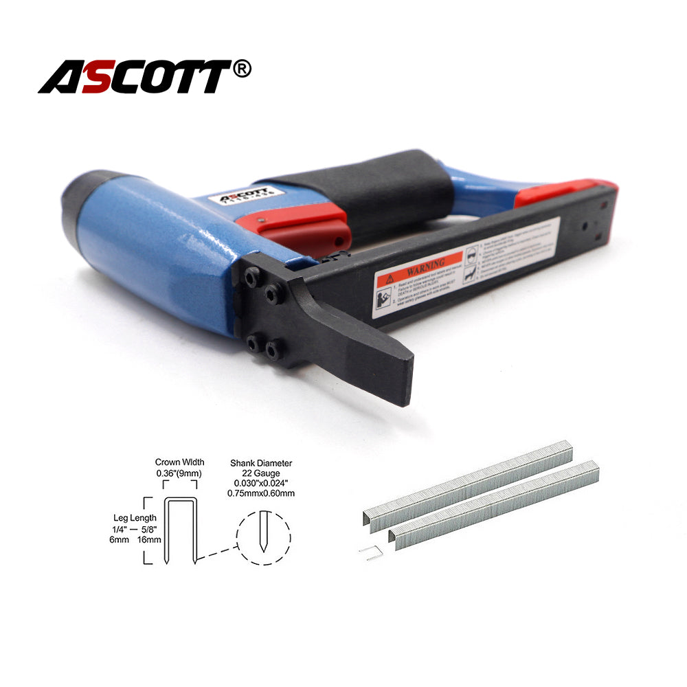ASCOTT 7116-436 Long Nose Pneumatic Fine Wire Staple Gun 22Ga 6-16mm for Securing Lightweight Materials Sofa Furniture