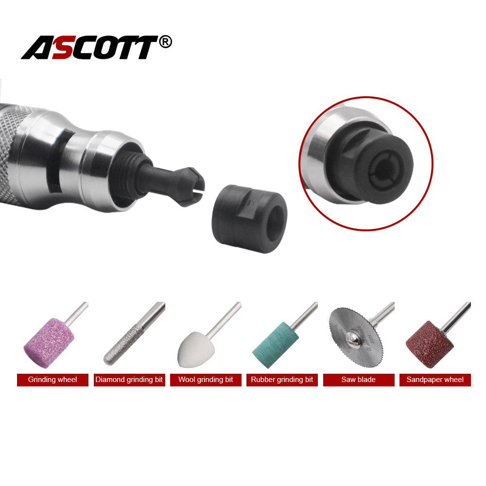 ASCOTT Industrial High Speed Pneumatic Micro Die Grinder Pencil Air Polisher Engraving Machine Grinding Tool 6mm Chuck