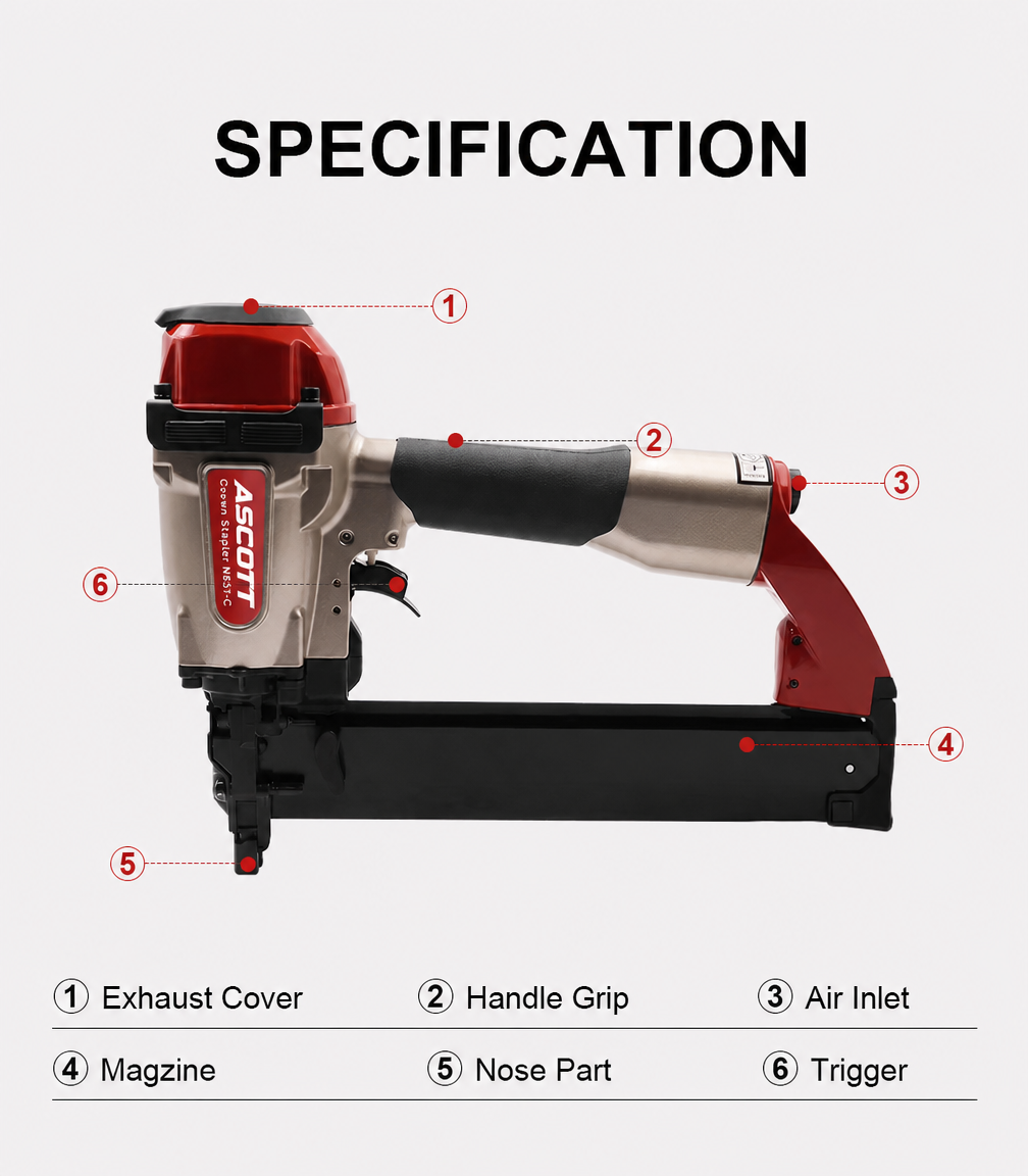 ASCOTT N851-C Pneumatic Crown Stapler Heavy Duty for Roofing Decking Furniture Frames Industrial Grade Air Nail Gun Nailer