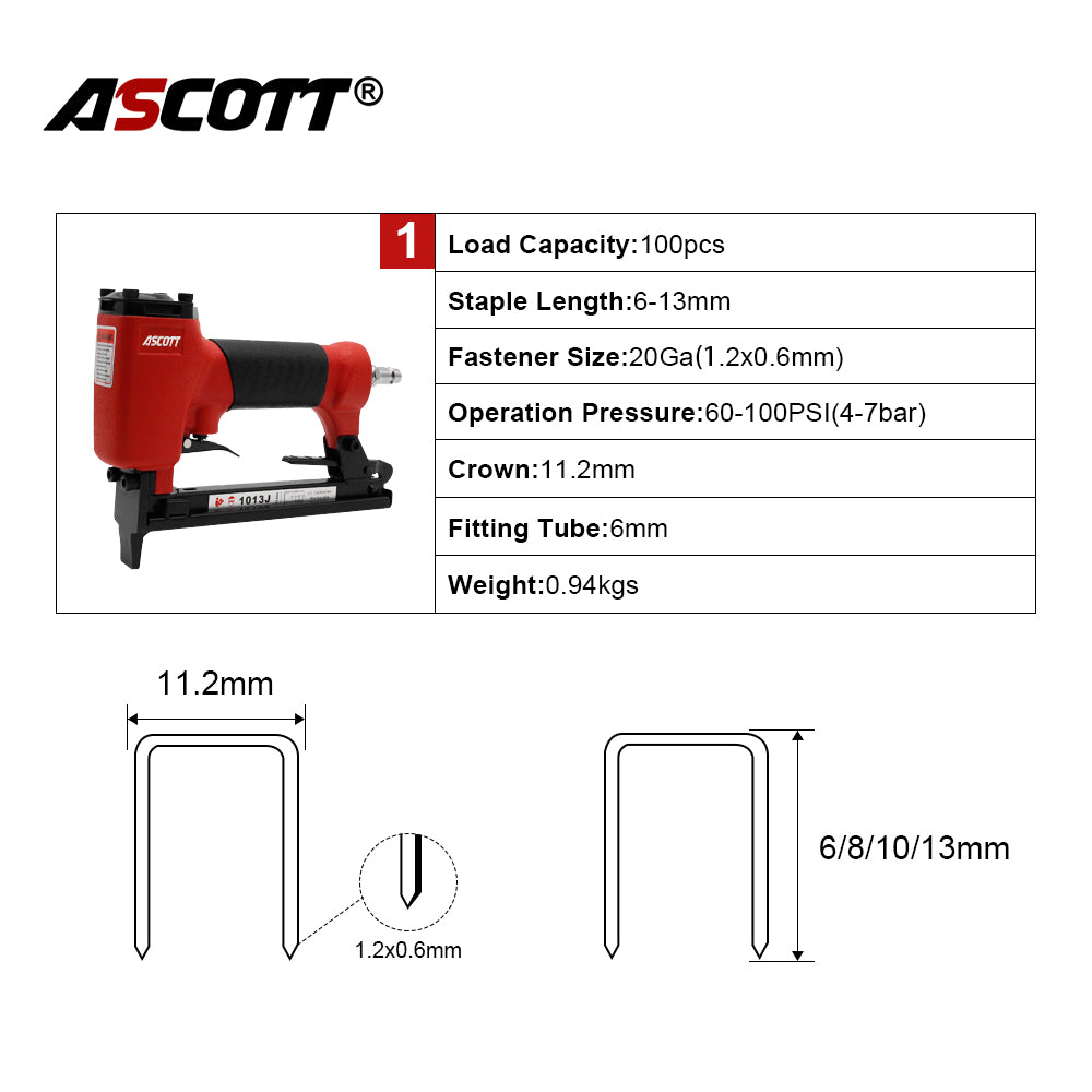 ASCOTT 1013J Air Stapler 20GA Pneumatic Nail Gun 5-13mm Nails for Sofa Wooden Fence Floor Woodworking Furniture Decoration DIY