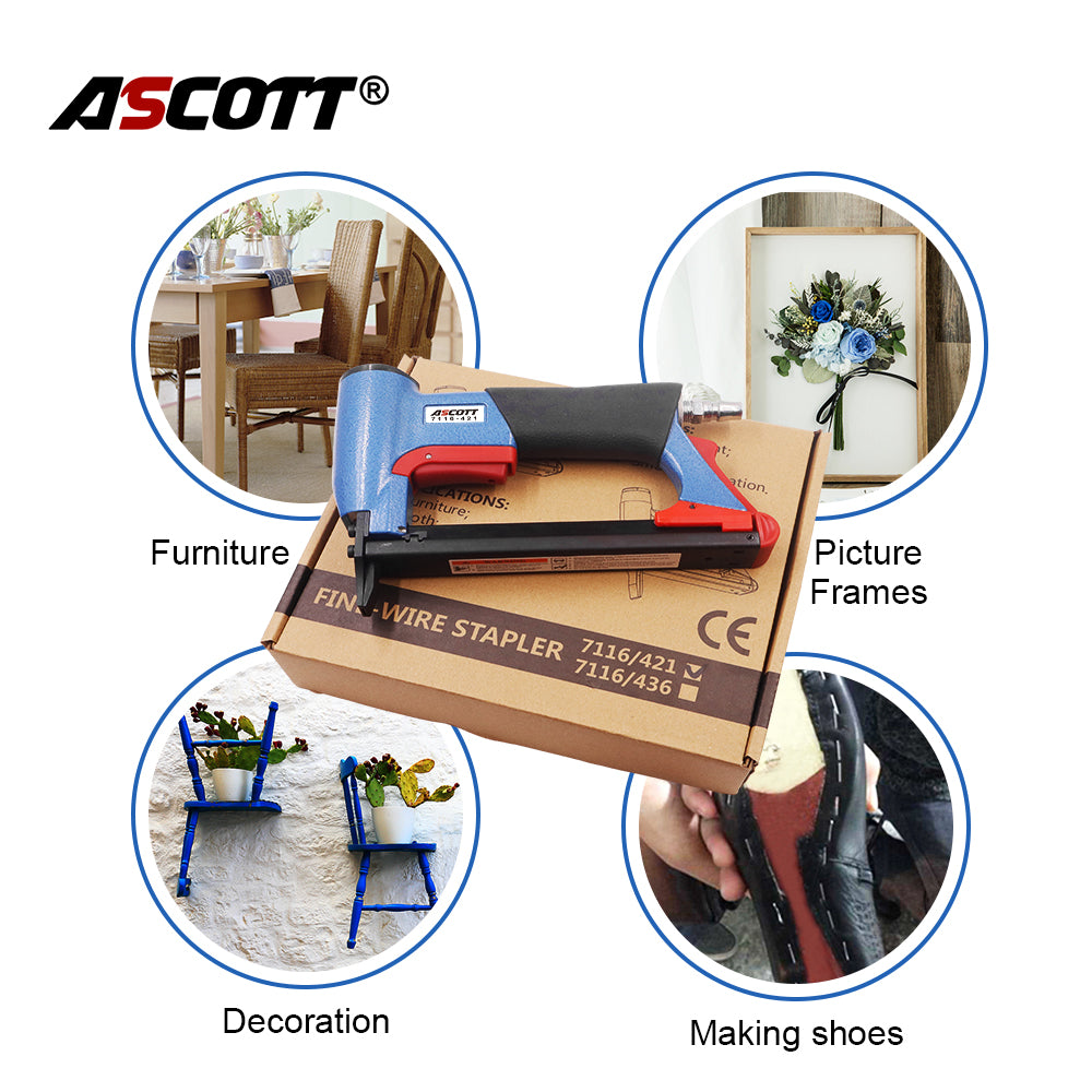 ASCOTT 7116-421 Pneumatic Fine Wire Stapler 22Ga 4-16mm for Securing Soft Furnishings And Lightweight Leather Materials