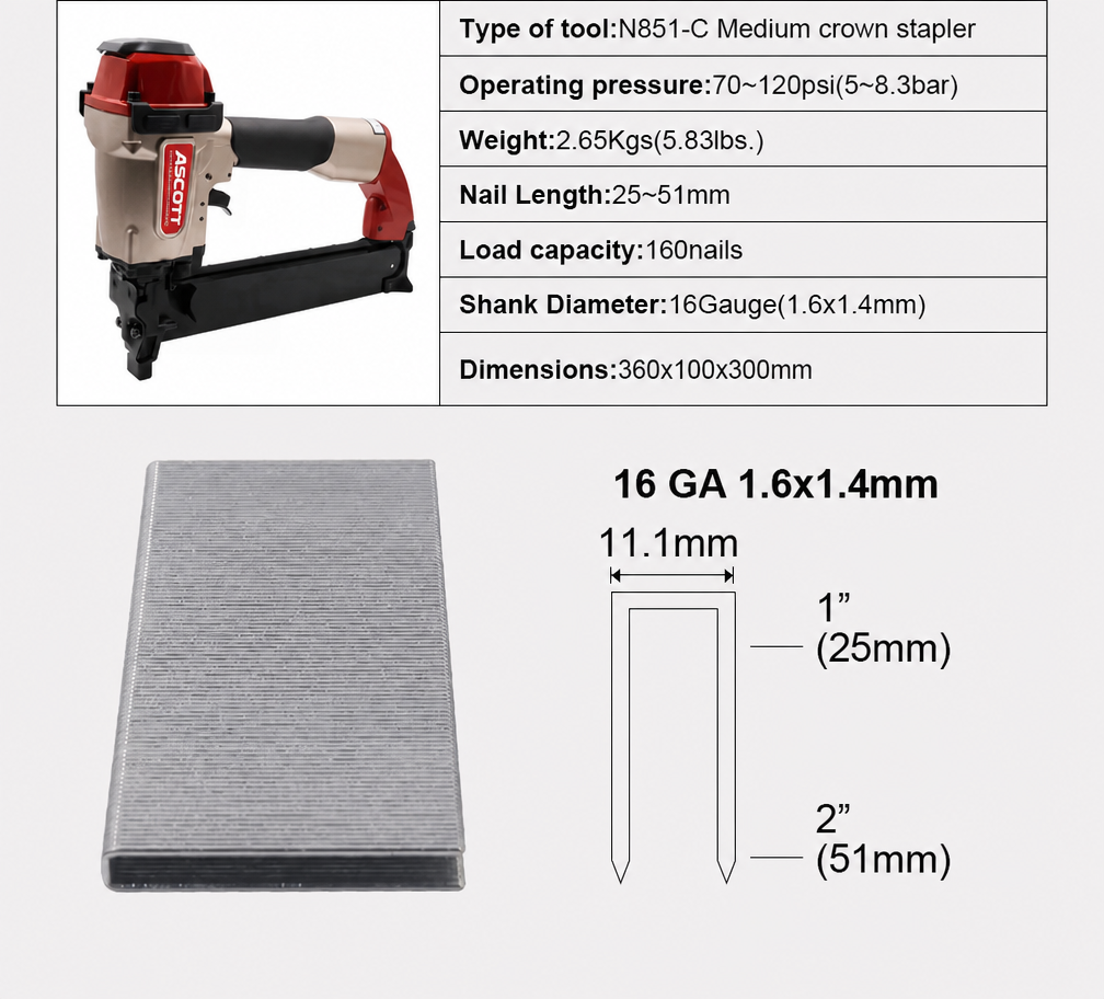 ASCOTT N851-C Pneumatic Crown Stapler Heavy Duty for Roofing Decking Furniture Frames Industrial Grade Air Nail Gun Nailer