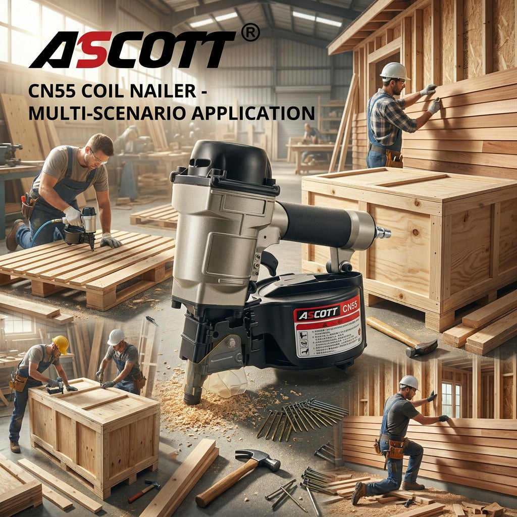 ASCOTT CN55 Coil Nail Gun Pneumatic Nailer Pneumatic Tool for Quick Fastening of Wooden Pallets Wood Structures and Fences