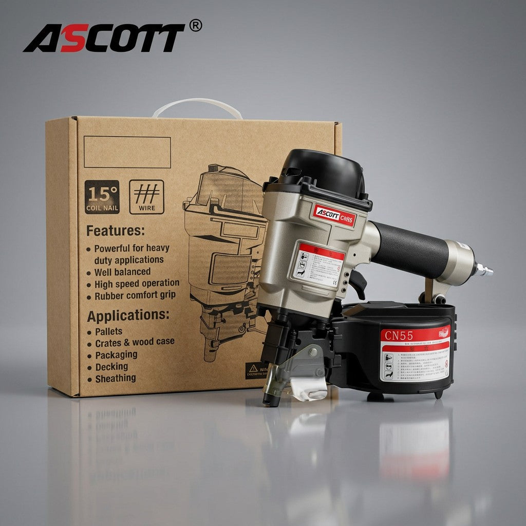 ASCOTT CN55 Coil Nail Gun Pneumatic Nailer Pneumatic Tool for Quick Fastening of Wooden Pallets Wood Structures and Fences