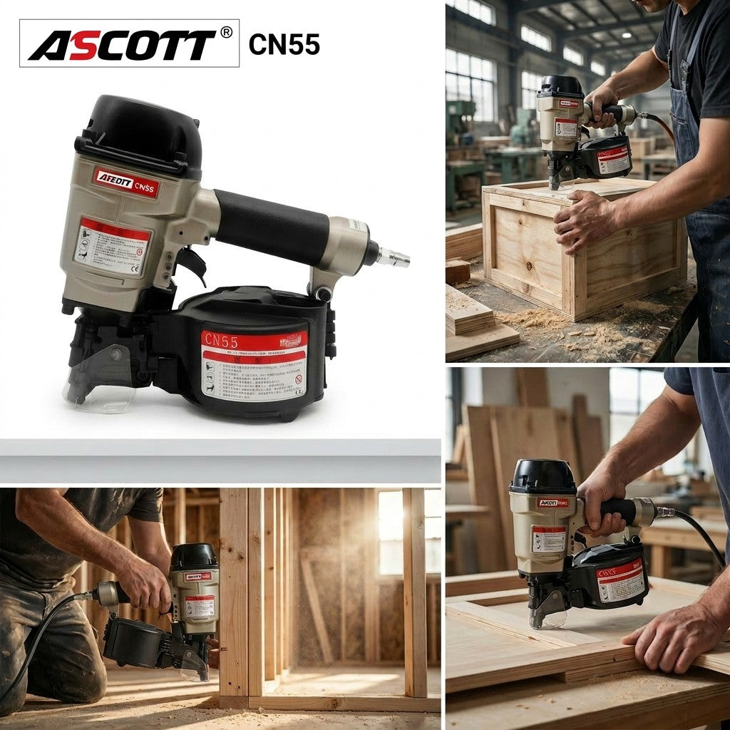 ASCOTT CN55 Coil Nail Gun Pneumatic Nailer Pneumatic Tool for Quick Fastening of Wooden Pallets Wood Structures and Fences