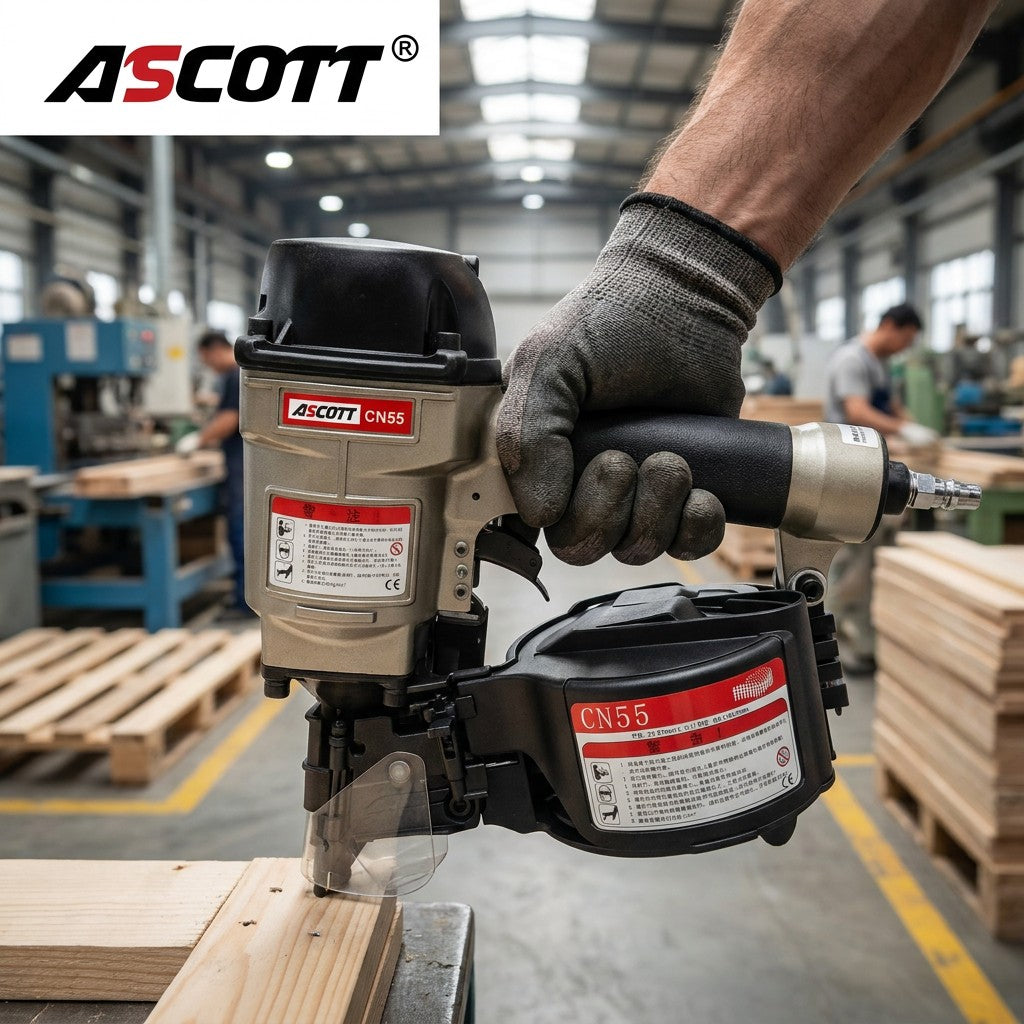 ASCOTT CN55 Coil Nail Gun Pneumatic Nailer Pneumatic Tool for Quick Fastening of Wooden Pallets Wood Structures and Fences