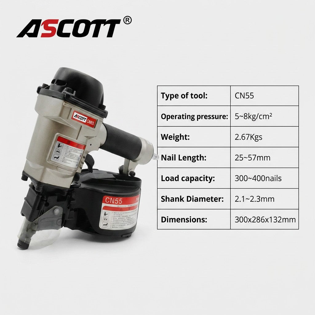 ASCOTT CN55 Coil Nail Gun Pneumatic Nailer Pneumatic Tool for Quick Fastening of Wooden Pallets Wood Structures and Fences