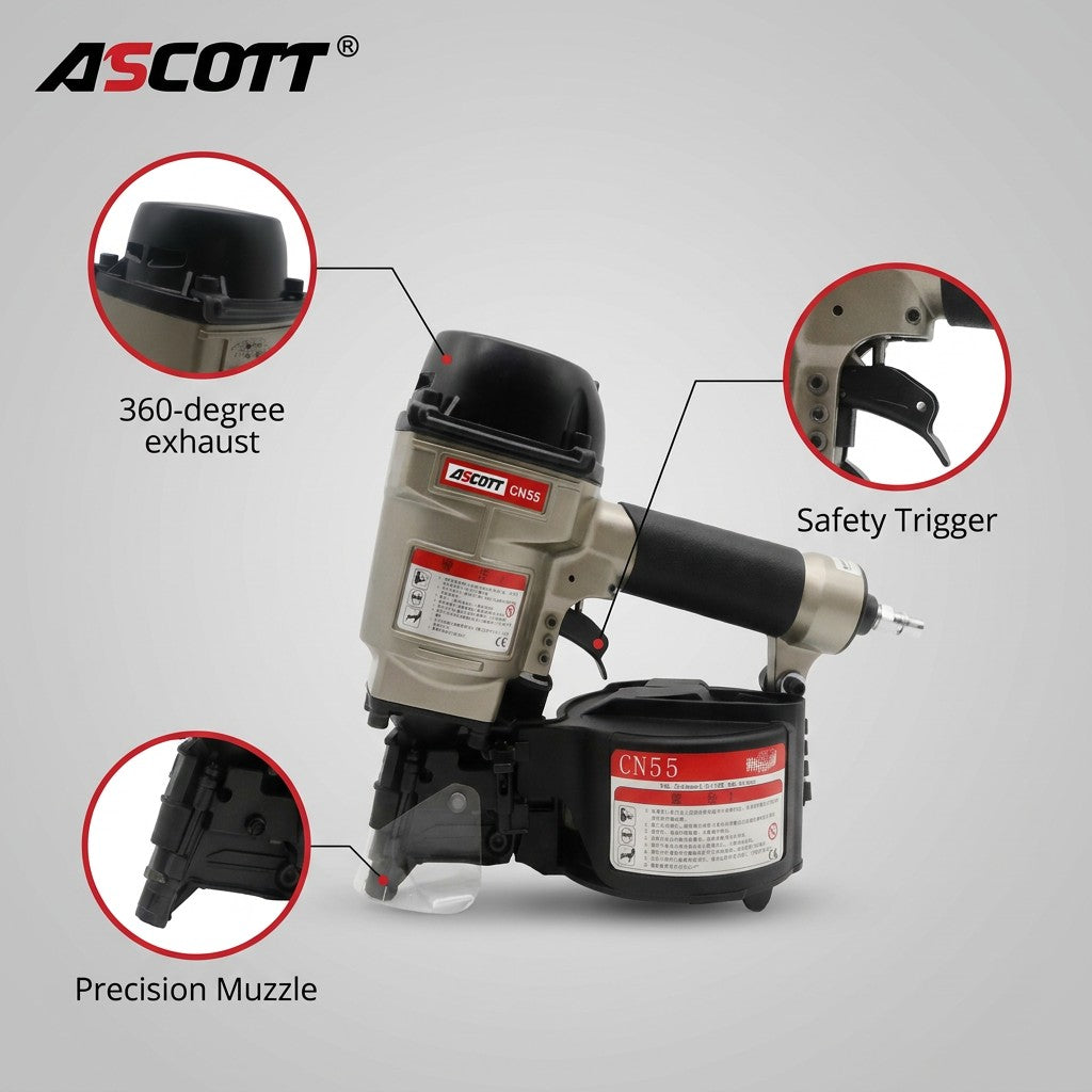 ASCOTT CN55 Coil Nail Gun Pneumatic Nailer Pneumatic Tool for Quick Fastening of Wooden Pallets Wood Structures and Fences