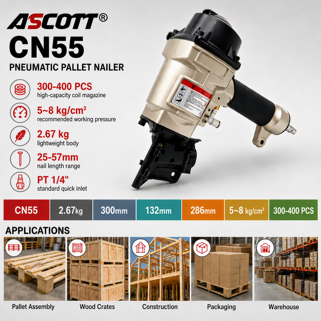 ASCOTT Pneumatic Pallet Nail Gun CN55PAL for Assembling Wooden Pallets Wooden Box Packing and Warehouse Nailing Work
