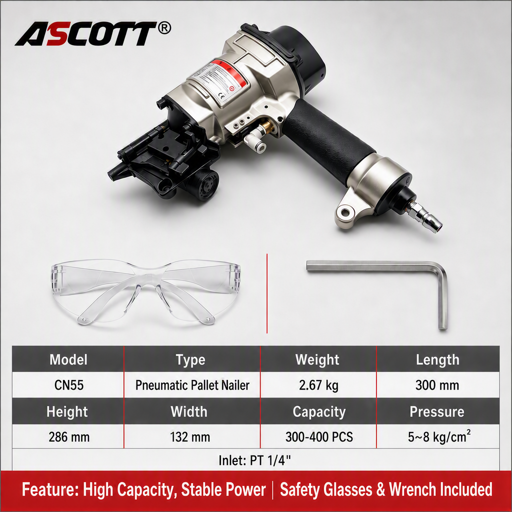 ASCOTT Pneumatic Pallet Nail Gun CN55PAL for Assembling Wooden Pallets Wooden Box Packing and Warehouse Nailing Work