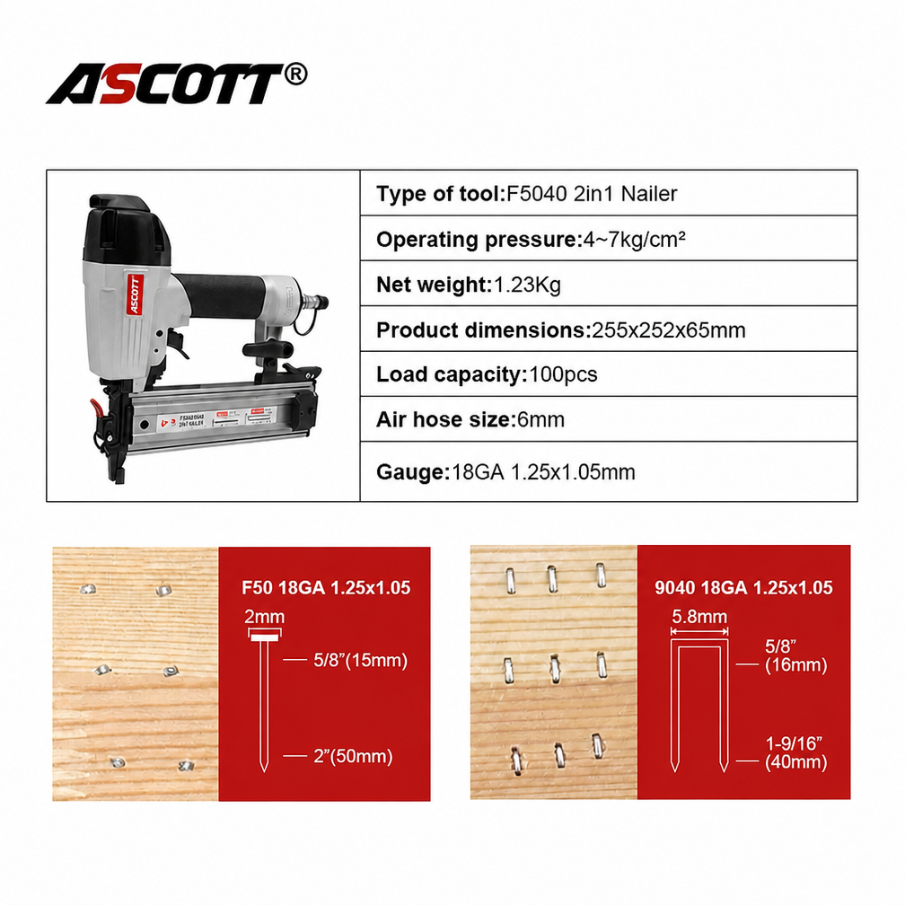 ASCOTT 18GA F50 2IN1 9040 Pneumatic Nail Gun for Home Carpentry Decorative Panel Joining And Fixing Thin Wood Board