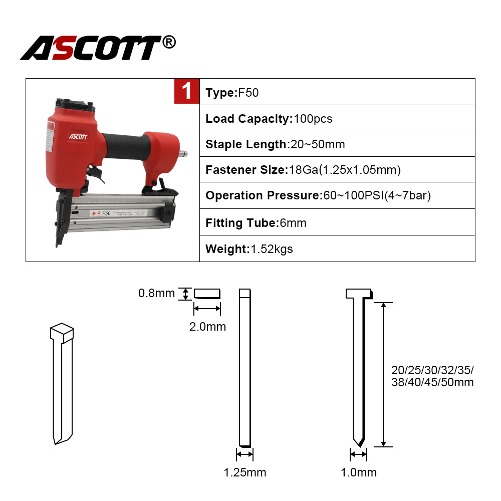 ASCOTT Industrial&DIY F50 Pneumatic Fastening Tools 20-50mm Air Stapler Straight Nailer for Woodworking Brad Decoration Nail Gun
