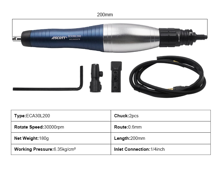 ASCOTT Pneumatic Ultrasonic Reciprocating File with 0.6mm Stroke 30000RPM Air Polisher for Mold Die Metal Surface Finishing Tool