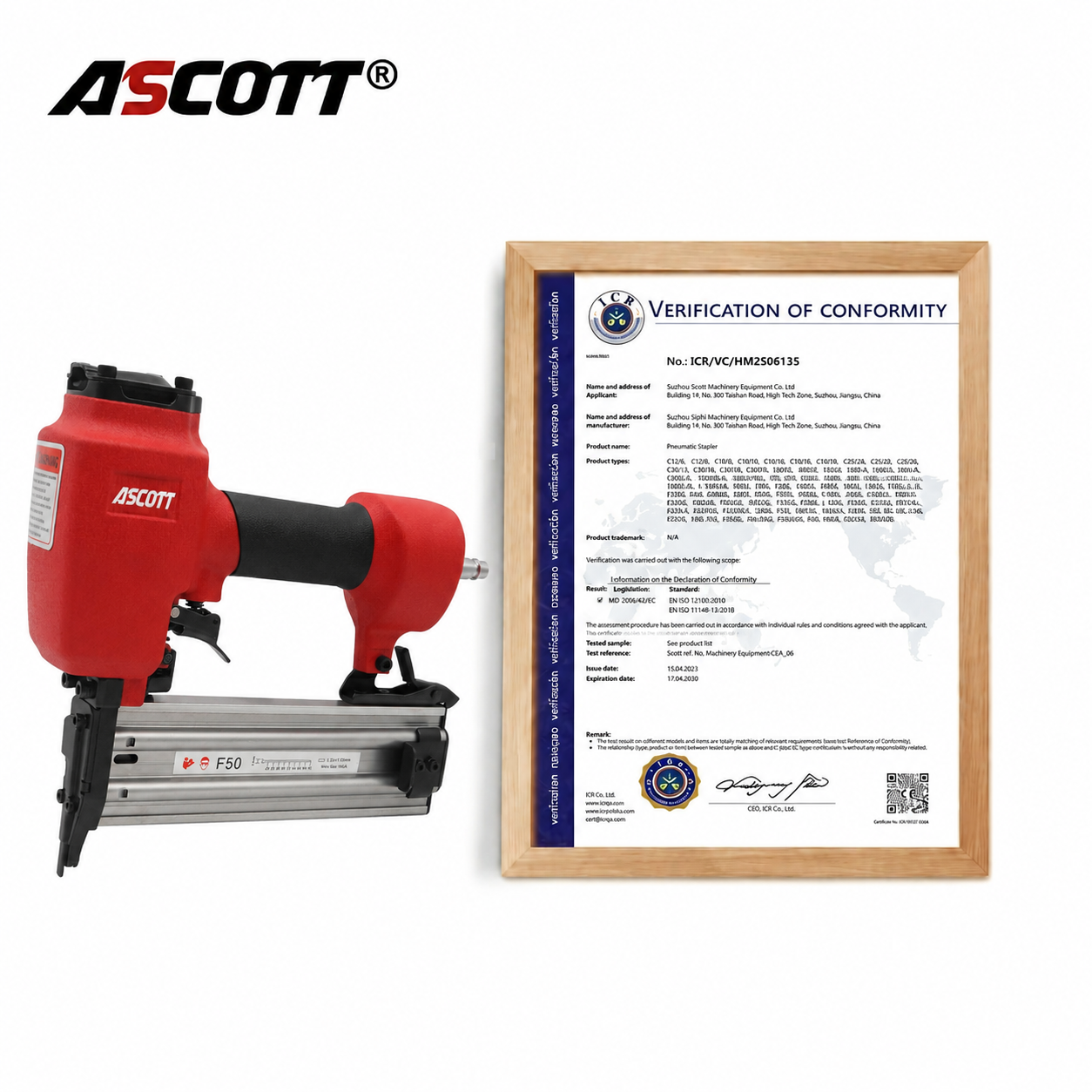 ASCOTT Industrial&DIY F50 Pneumatic Fastening Tools 20-50mm Air Stapler Straight Nailer for Woodworking Brad Decoration Nail Gun