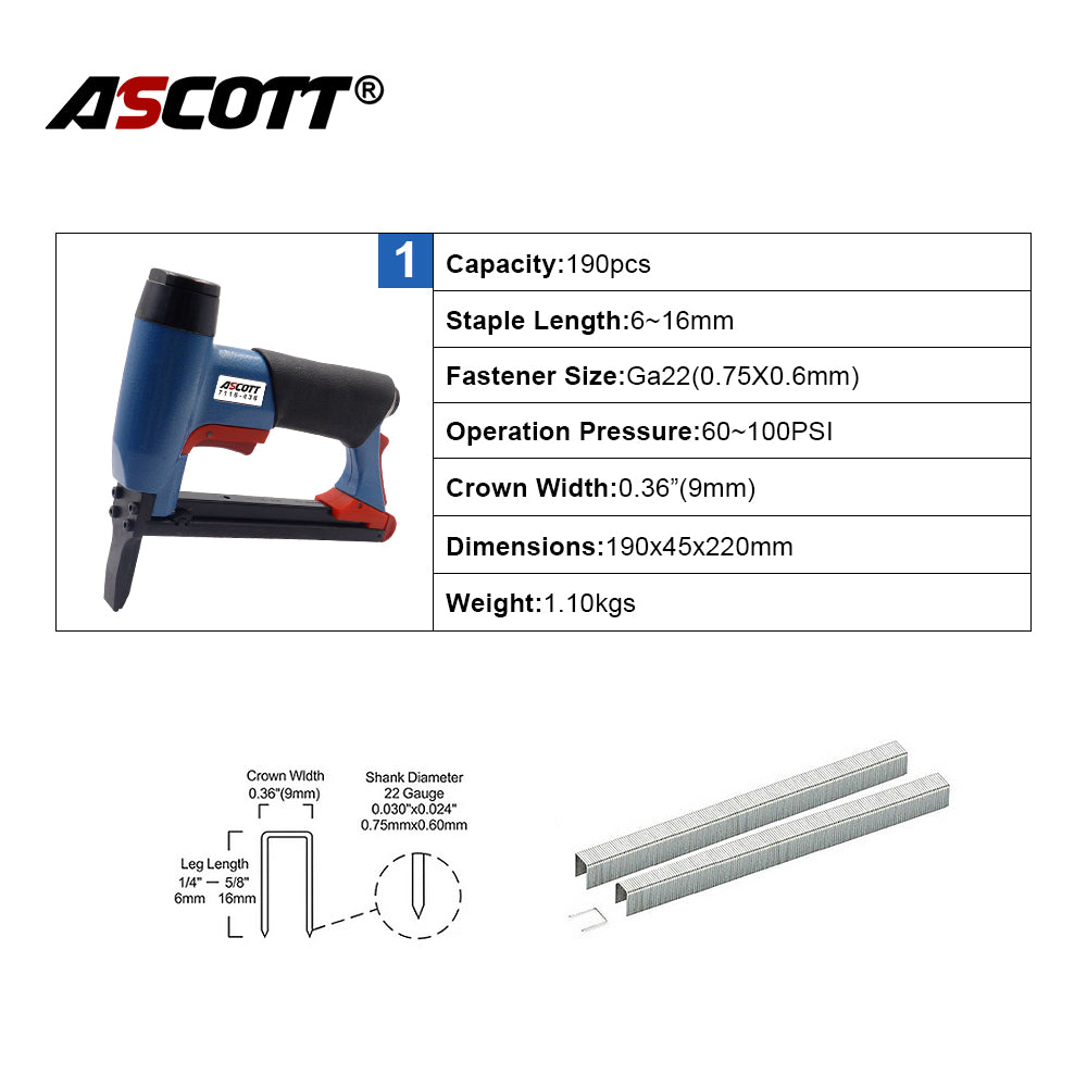 ndustrial 7116-436 Fine Wire Upholstery Stapler Air Finish Nailer for Woodworking Tool 1/4"~5/8" Long Nose Pneumatic Staple Gun