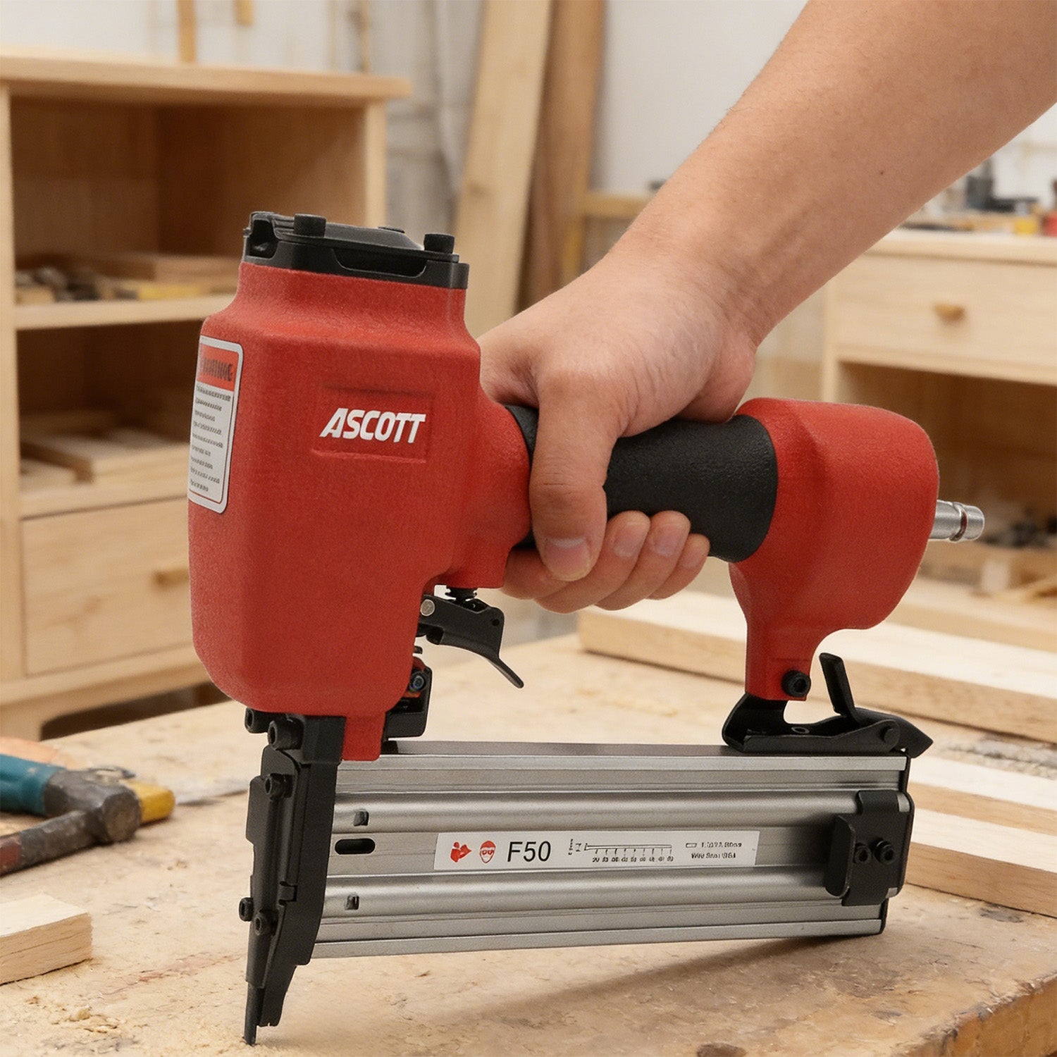 ASCOTT Industrial&DIY F50 Pneumatic Fastening Tools 20-50mm Air Stapler Straight Nailer for Woodworking Brad Decoration Nail Gun