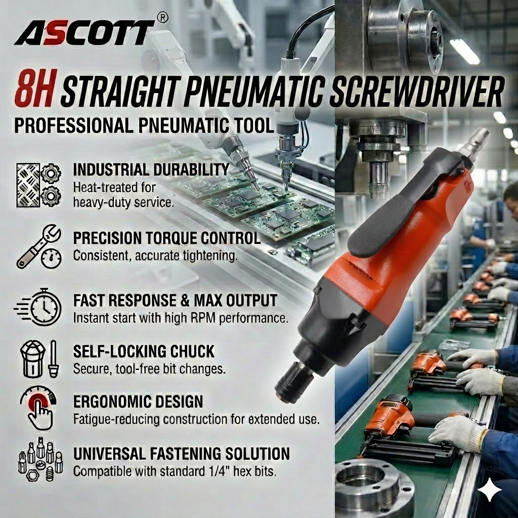 ASCOTT 8H Adjustable Torque Pneumatic Straight Screwdriver for Precision Screw Tightening Tool Reversible Air Impact Screwdriver