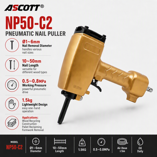 ASCOTT NP50-C2 Pneumatic Nail Remover Top Punch Type for Old Wooden Boards Pallets and Construction Templates